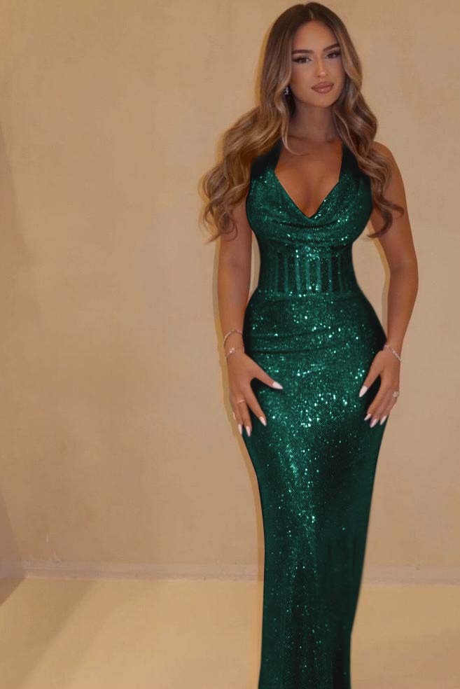 Sequin Halter Sleeveless Long Mermaid Prom Dress With Pleated