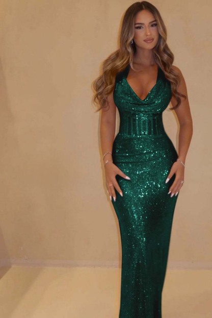 Sequin Halter Sleeveless Long Mermaid Prom Dress With Pleated