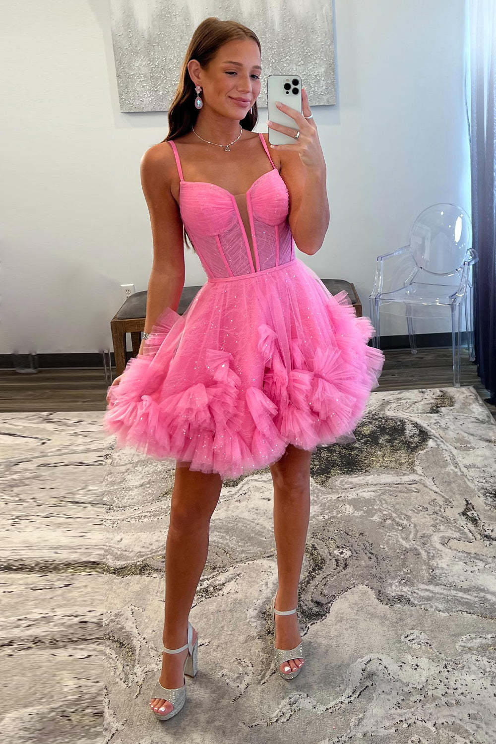 Glitter Blue Corset Tulle A-Line Tulle Short Homecoming Dress With Pocket