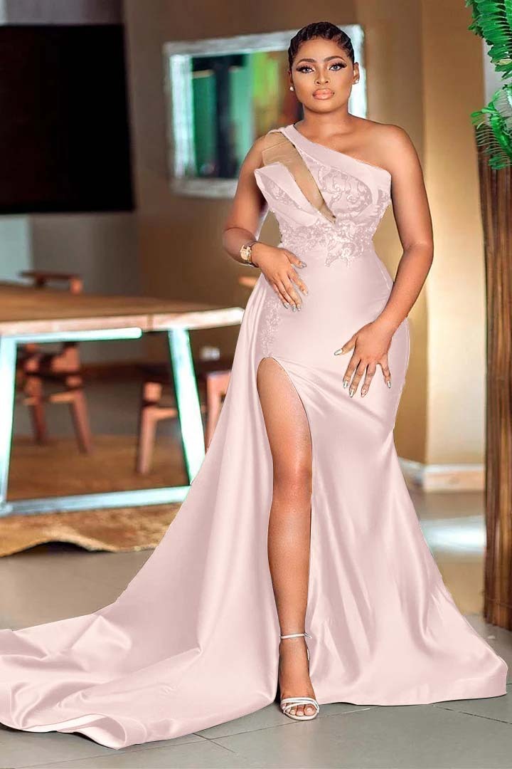 Dark Green One Shoulder Sleeveless Mermaid Split Prom Dress With Sequins