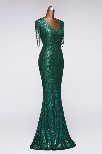 BMbridal Elegant V-Neck Beading Long Mermaid Prom Dresses with Short Sleeves Online