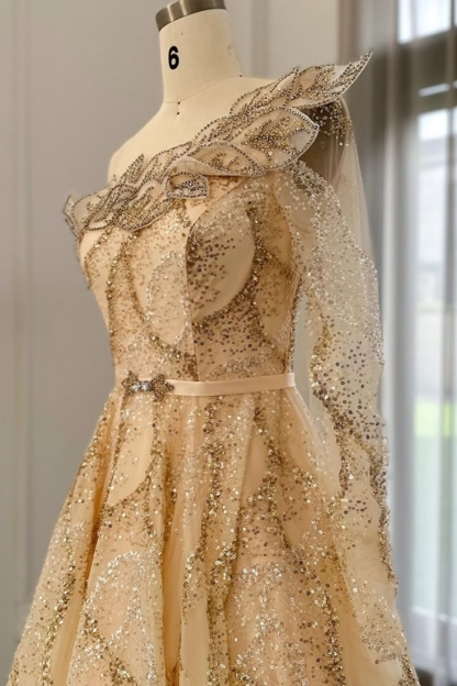 Bmbridal A-Line Champagne Strapless Tulle One Shoulder Prom Dresses with Ruffles