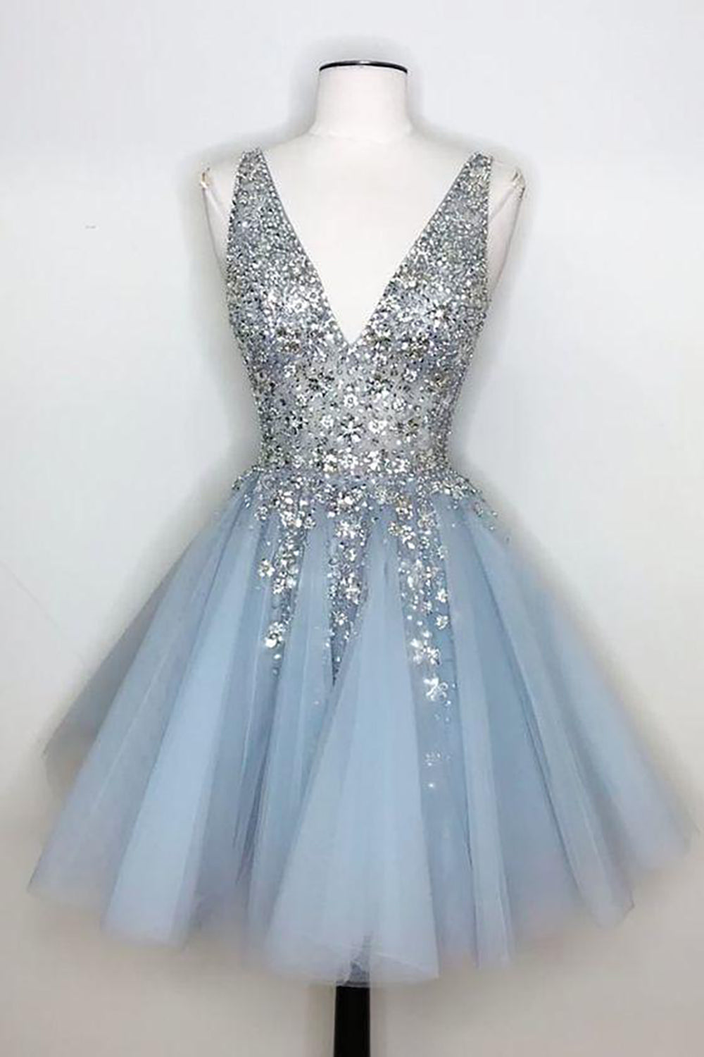Blue V Neck Homecoming Dress With Beadings-BMbridal