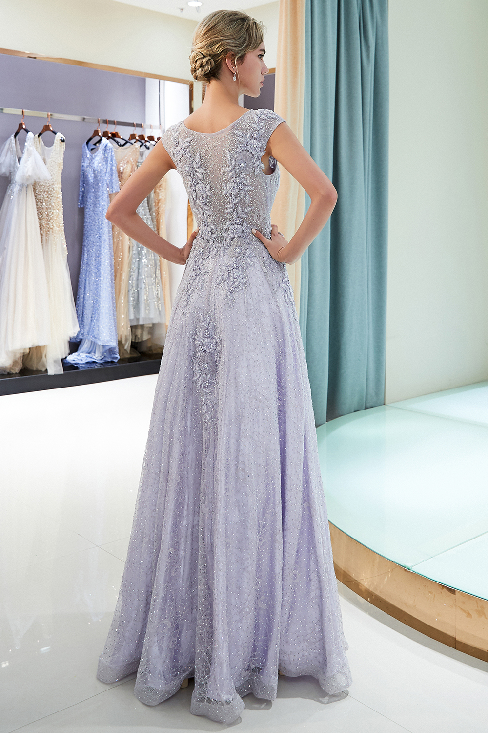 BMbridal Glamorous A-line Jewel Sleeveless Prom Dresses Lace Appliques Formal Dresses with Pearls