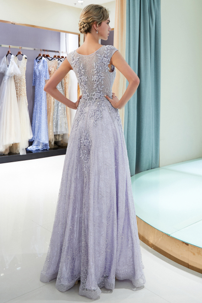 BMbridal Glamorous A-line Jewel Sleeveless Prom Dresses Lace Appliques Formal Dresses with Pearls