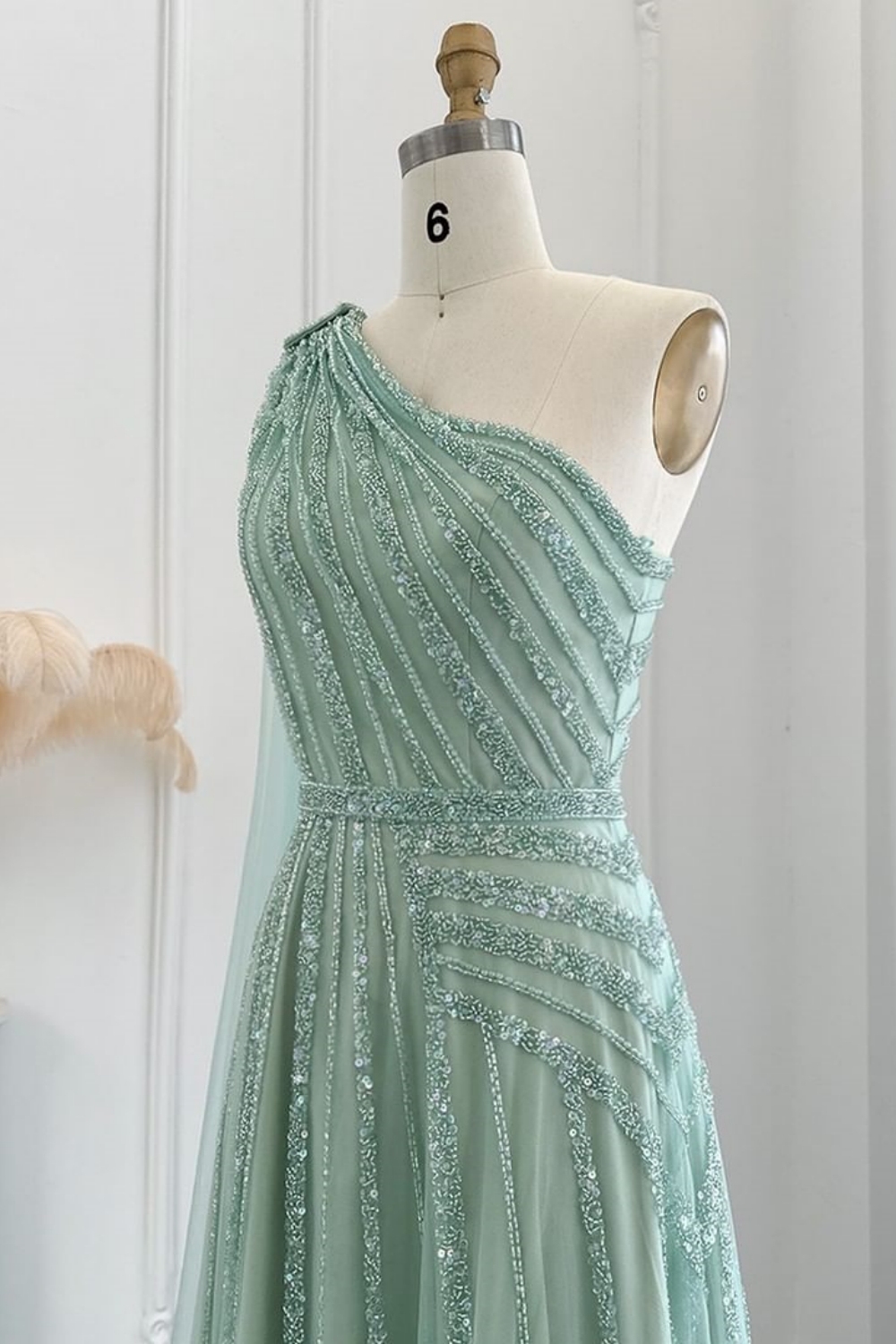 Bmbridal A-Line Dusty Sage One Shoulder Tulle Sleeveless Prom Dresses