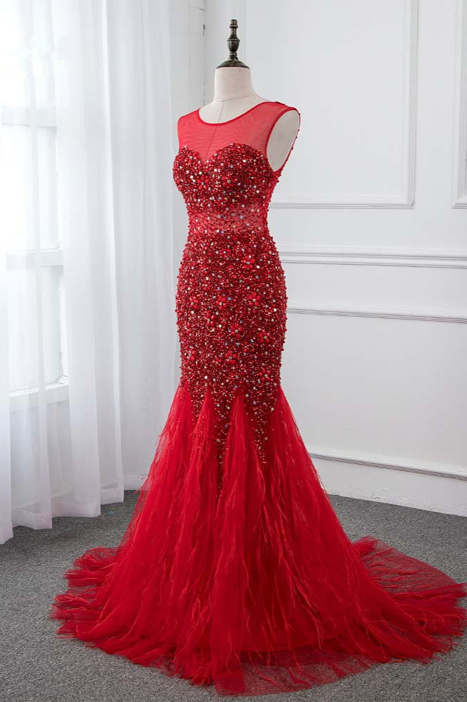 BMbridal Glamorous Jewel Sleeveless Burgundy Mermaid Prom Dresses with Beadings