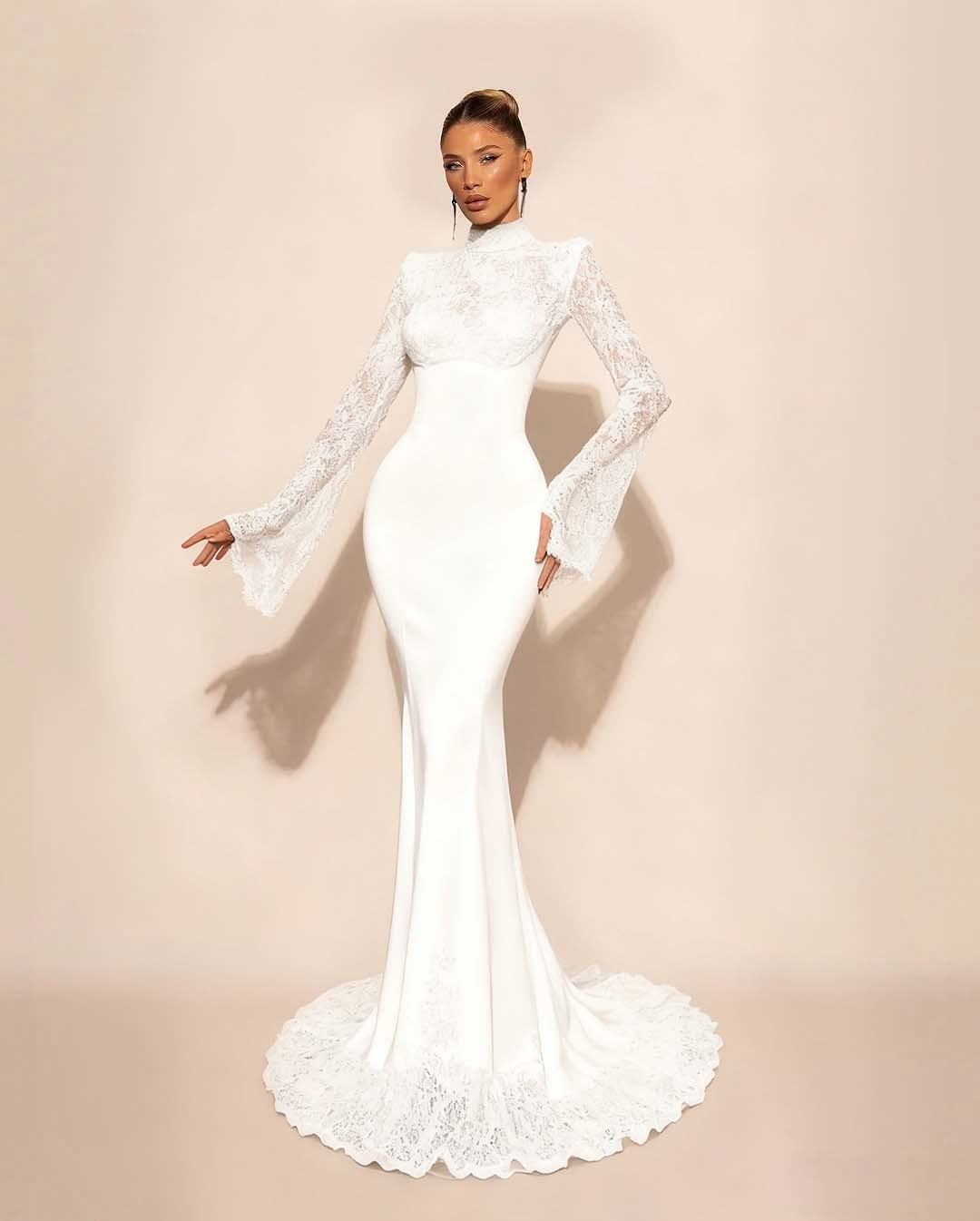 High Neck Lace Long Sleeves Long Mermaid Prom Dress With Pleated