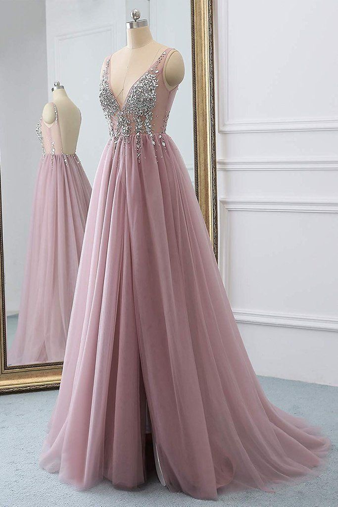 BMbridal Elegant V-Neck Sleeve Prom Dress Long Tulle With Crystal