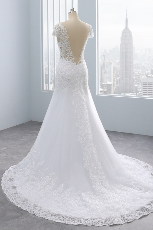 BMbridal Chic Jewel Mermaid Tulle Lace Wedding Dress Short-Sleeves Beadings Appliques Bridal Gowns On Sale-BMbridal