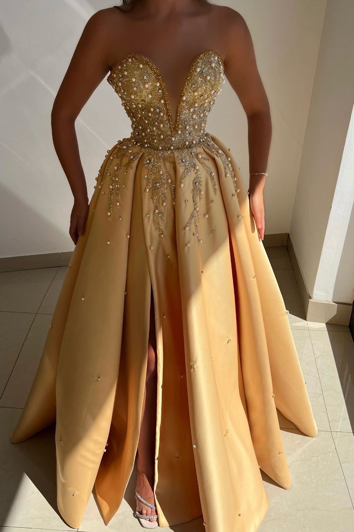 Stunning Sweetheart Champagne Prom Dress Slit With Beads