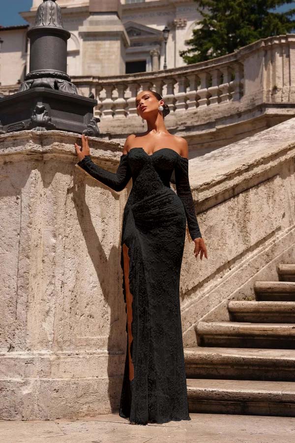 Off the Shoulder Long Sleeves Long Mermaid Prom Dress With Lace Appliques