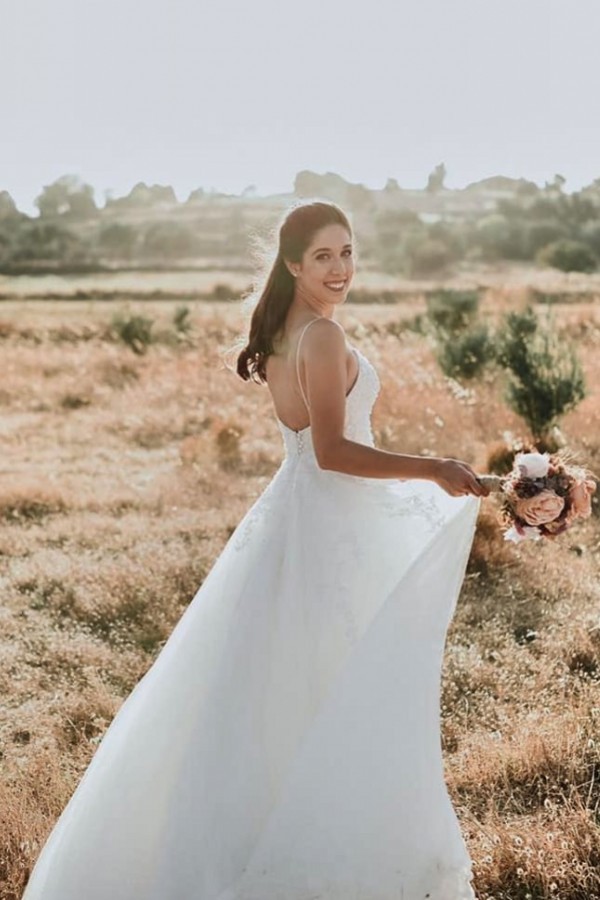 Bmbridal Spaghetti-Straps Lace Wedding Dress Beach Sleeveless Long-BMbridal