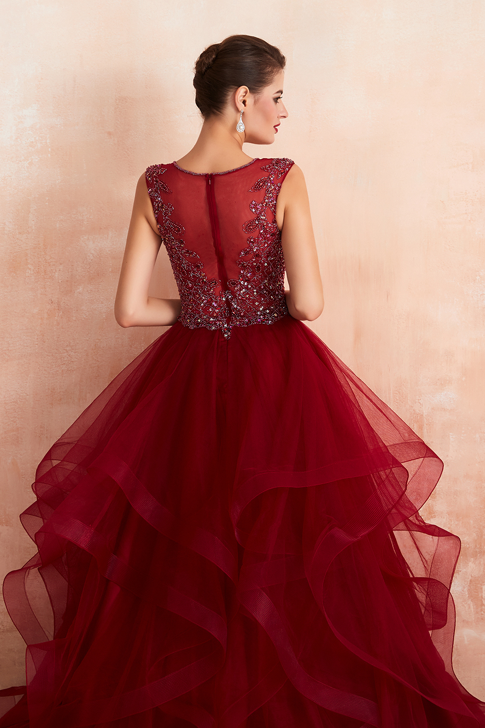 BMbridal Luxurious Bugrundy Tulle Prom Dress Long Ruffles With Appliques Evening Gowns