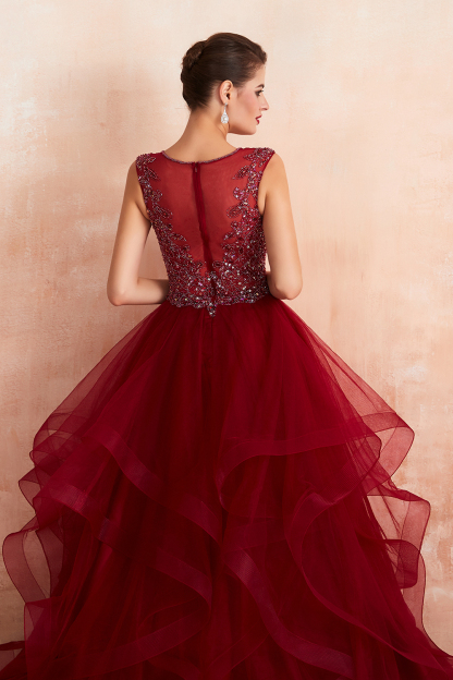 BMbridal Luxurious Bugrundy Tulle Prom Dress Long Ruffles With Appliques Evening Gowns