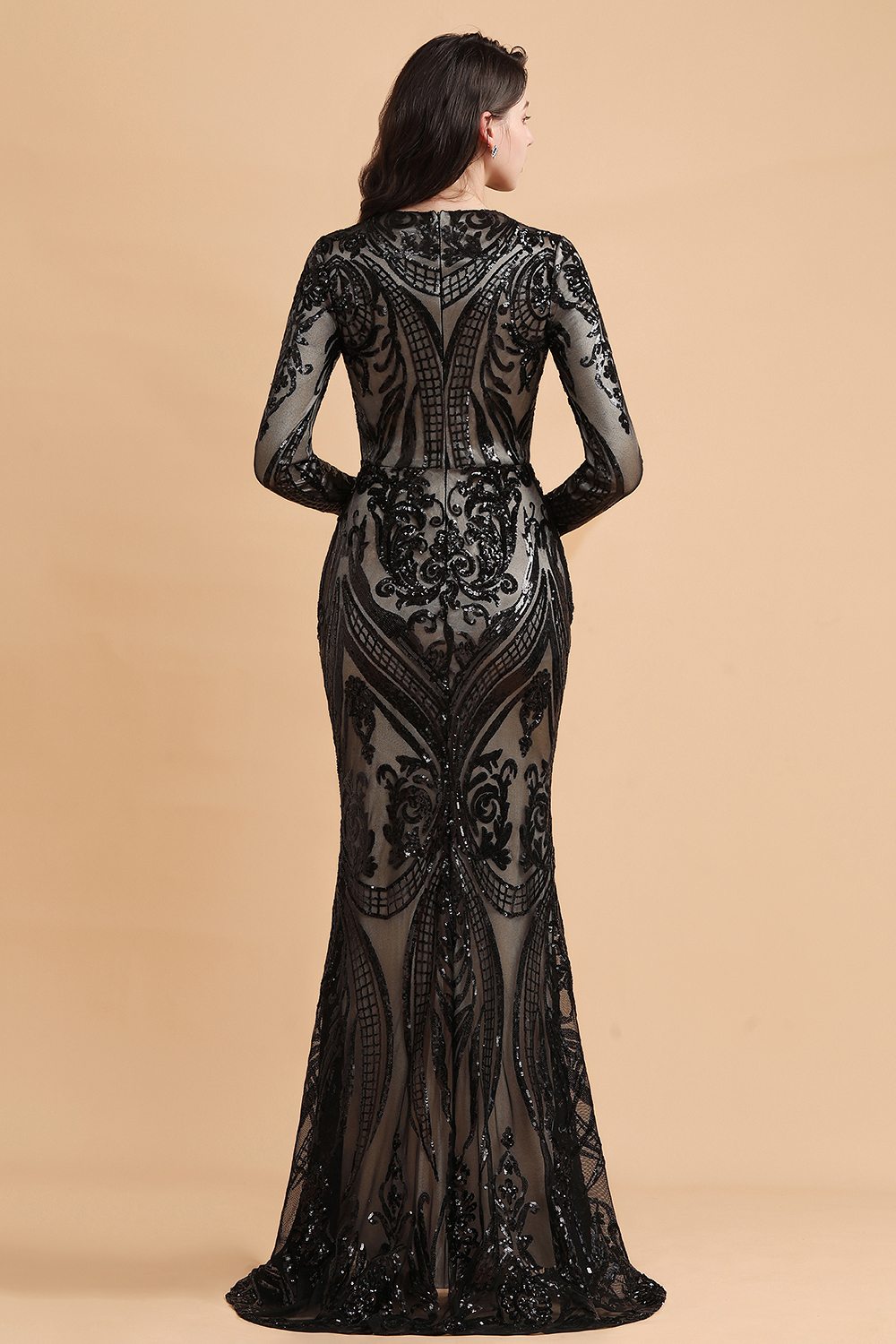 BMbridal Elegant Jewel Sequined Mermaid Prom Dresses Long Sleeves Appliques Party Dress with Overskirt-BMbridal