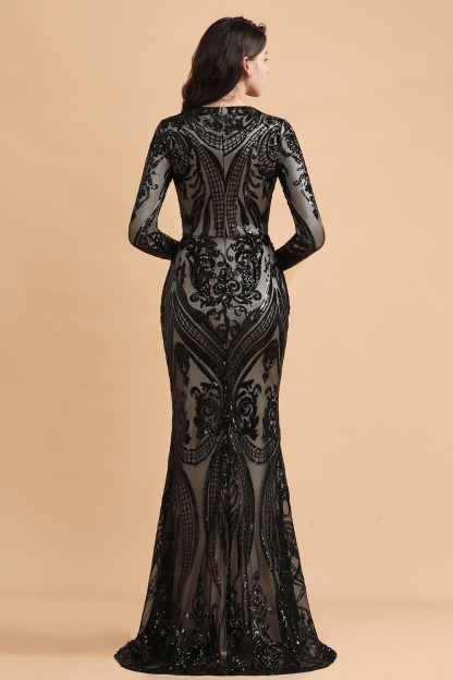 BMbridal Elegant Jewel Sequined Mermaid Prom Dresses Long Sleeves Appliques Party Dress with Overskirt-BMbridal