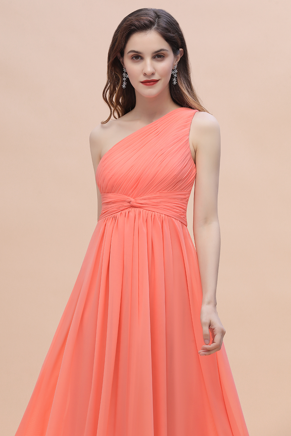 BMbridal Chic One-Shoulder Ruffles Chiffon Coral Bridesmaid Dresses On Sale-BMbridal