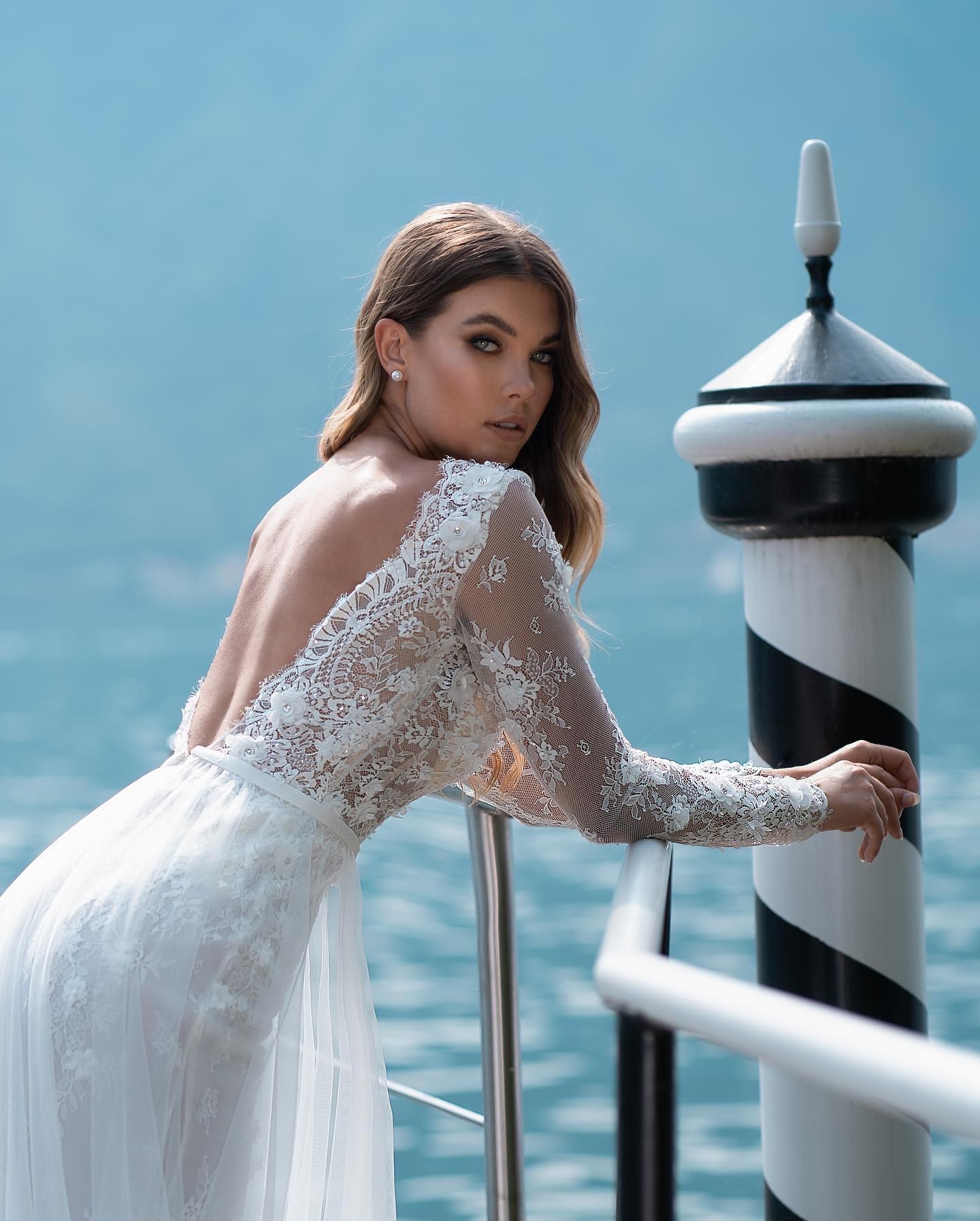 Classic Lace Backless Boho A-Line V-Neck Wedding Dress with Long Sleeves