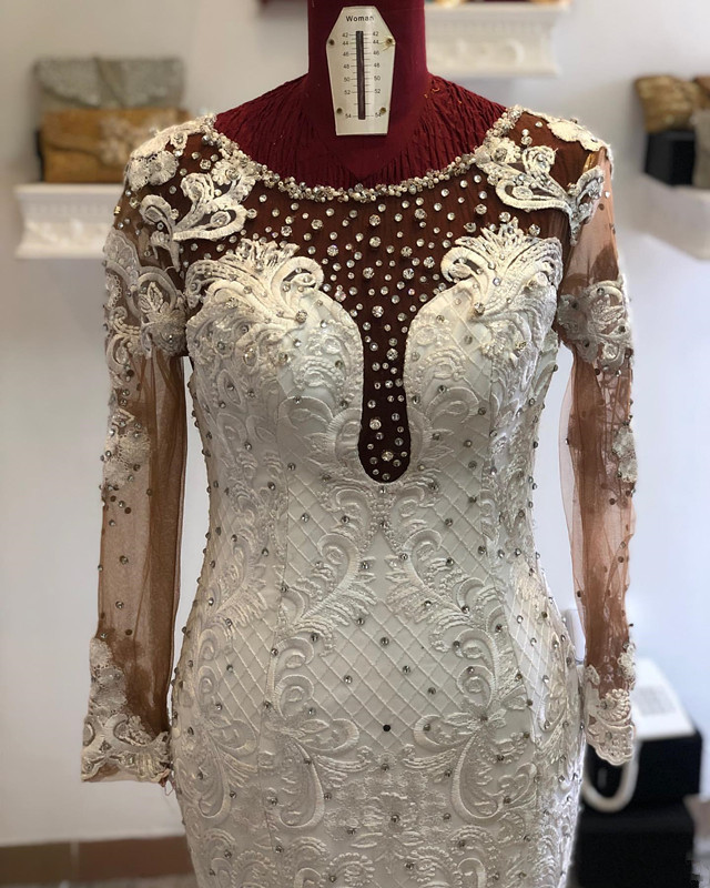 BMbridal Chic Jewel Mermaid Longsleeves Wedding Dresses White Lace Bridal Gowns With Appliques On Sale-BMbridal