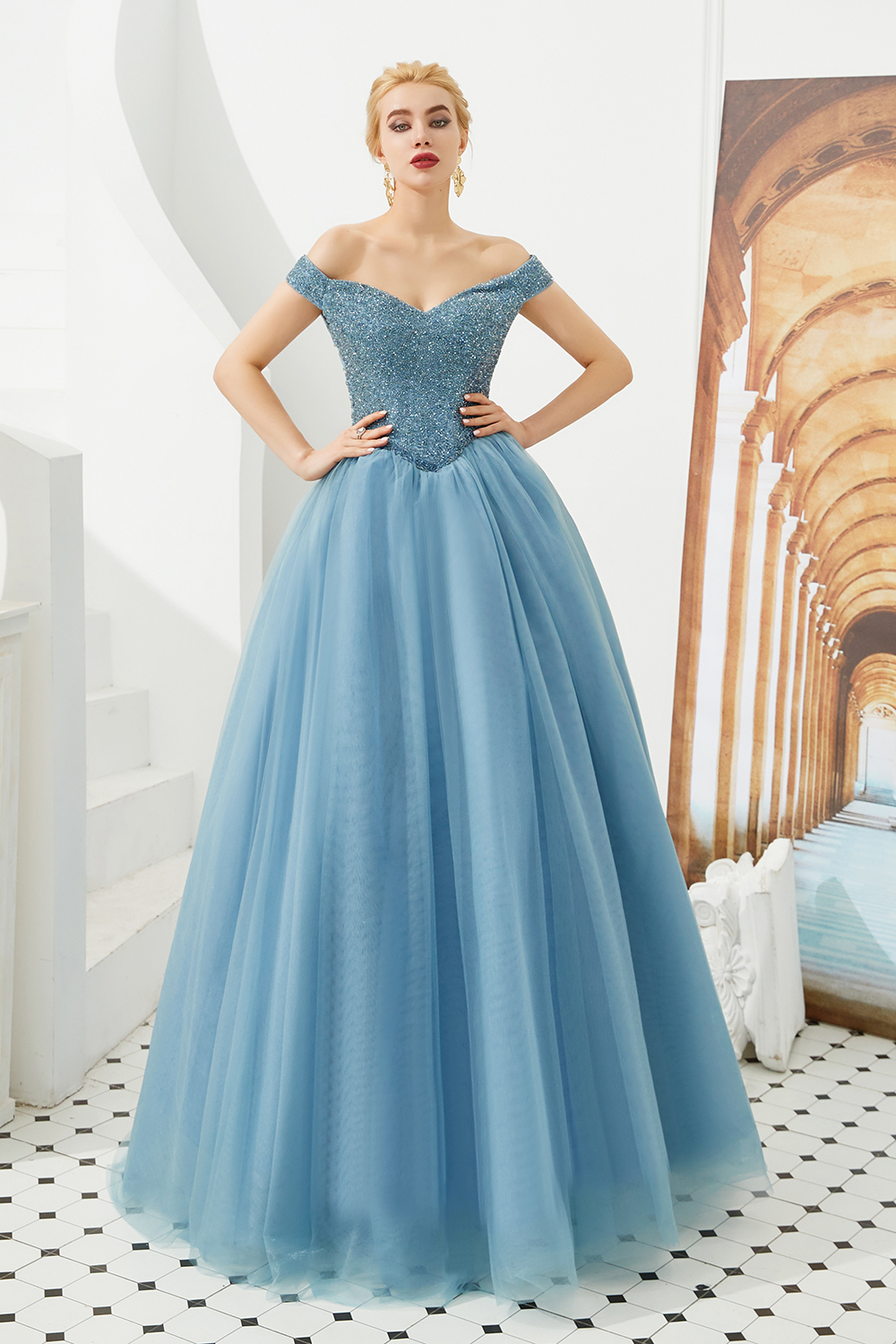 BMbridal Princess Off-the-Shoulder Prom Dress Beadings Sweetheart Ball Gown Evening Gowns