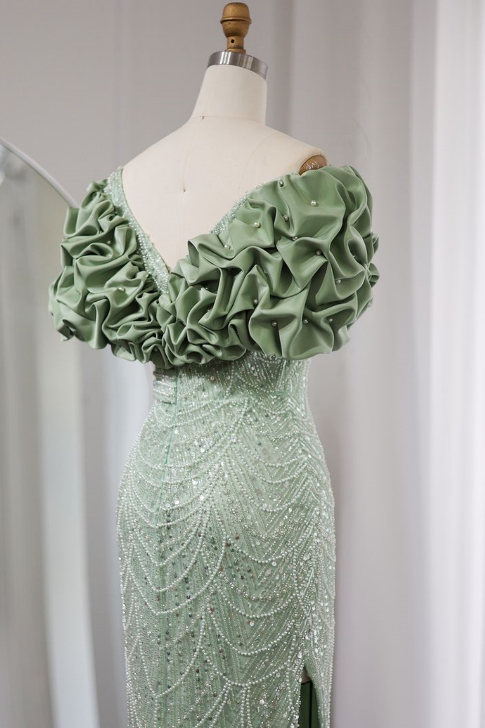Bmbridal Dusty Sage Sweetheart Short Sleeves Prom Dresses with Ruffles