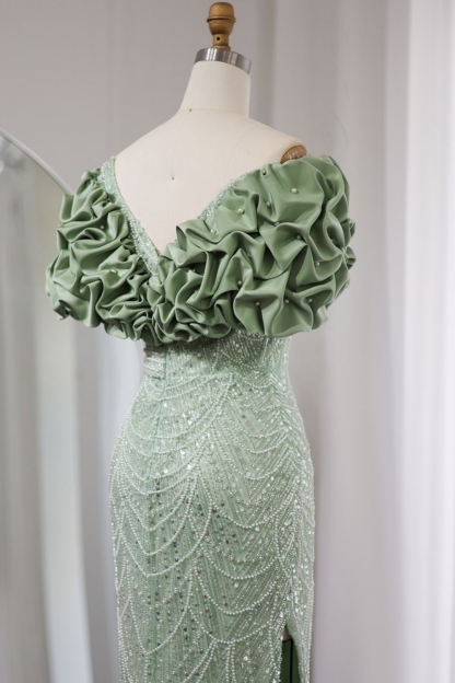 Bmbridal Dusty Sage Sweetheart Short Sleeves Prom Dresses with Ruffles