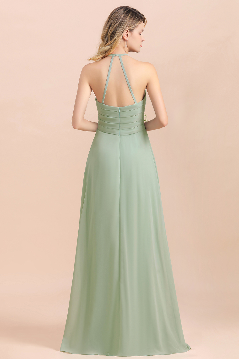 BMbridal Affordable Halter Sweetheart Chiffon Dusty Sage Bridesmaid Dresses-BMbridal