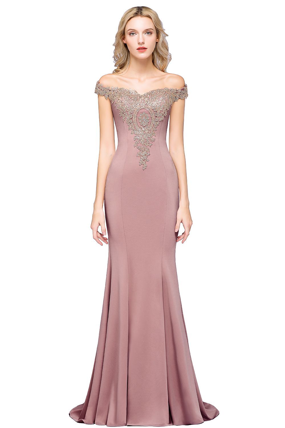 BMbridal Elegant Off-the-Shoulder Mermaid Prom Dress Long With Lace Appliques