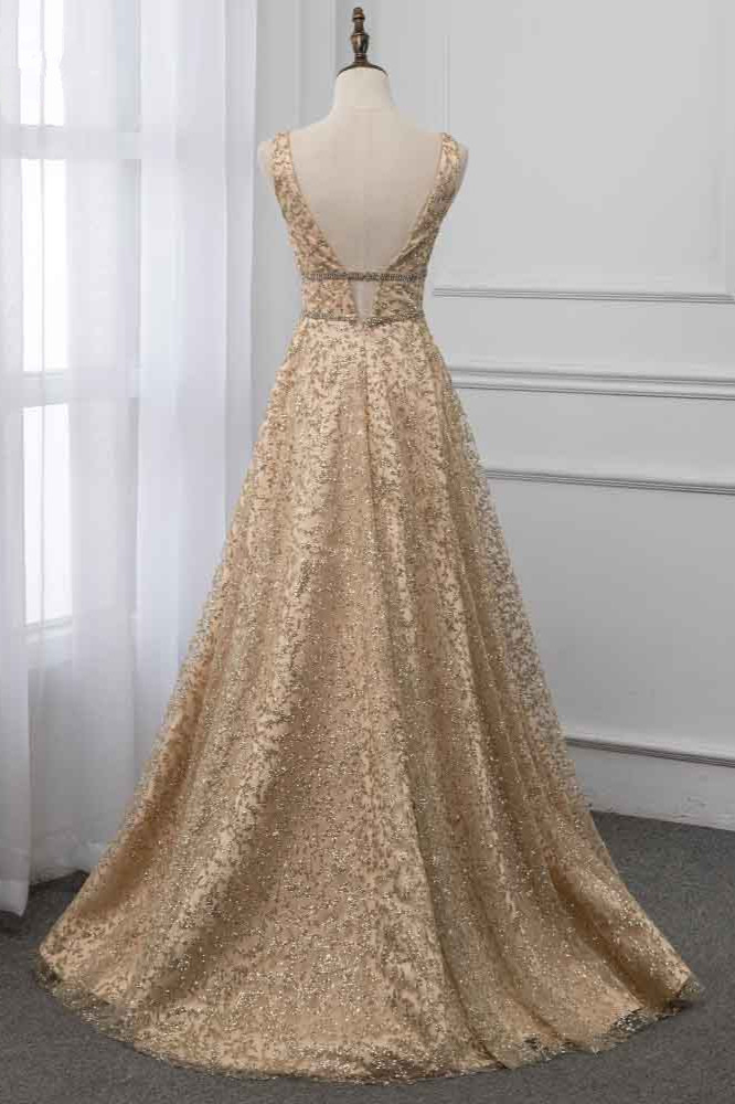 BMbridal Glamorous V-Neck Sleeveless Appliques Prom Dresses with Beadings Online
