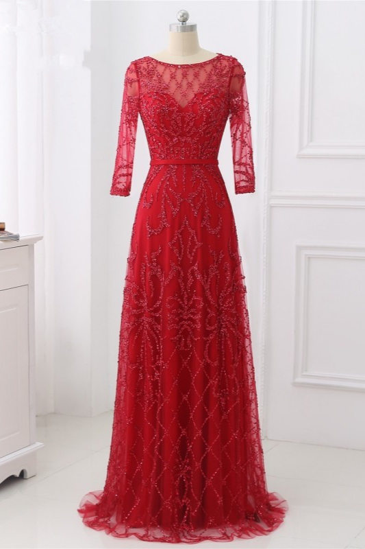 BMbridal Glamorous Red Tulle Jewel Appliques Prom Dresses Long Sleeves with Rhinestones On Sale
