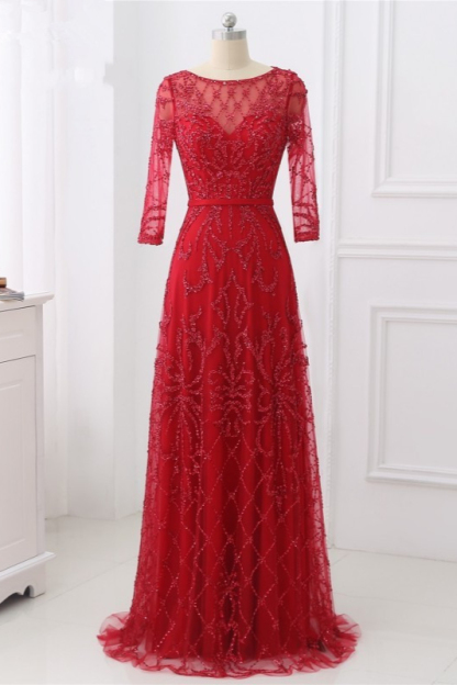 BMbridal Glamorous Red Tulle Jewel Appliques Prom Dresses Long Sleeves with Rhinestones On Sale