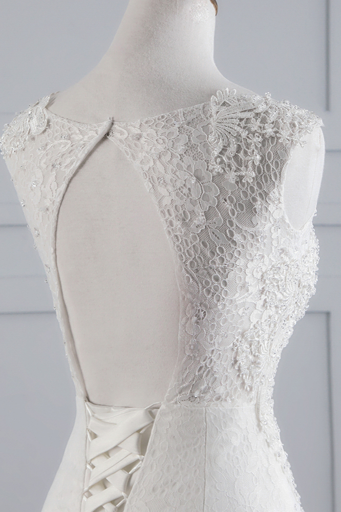 BMbridal Glamorous Jewel Sleeveless Rhinestone White Mermaid Wedding Dresses with Appliques