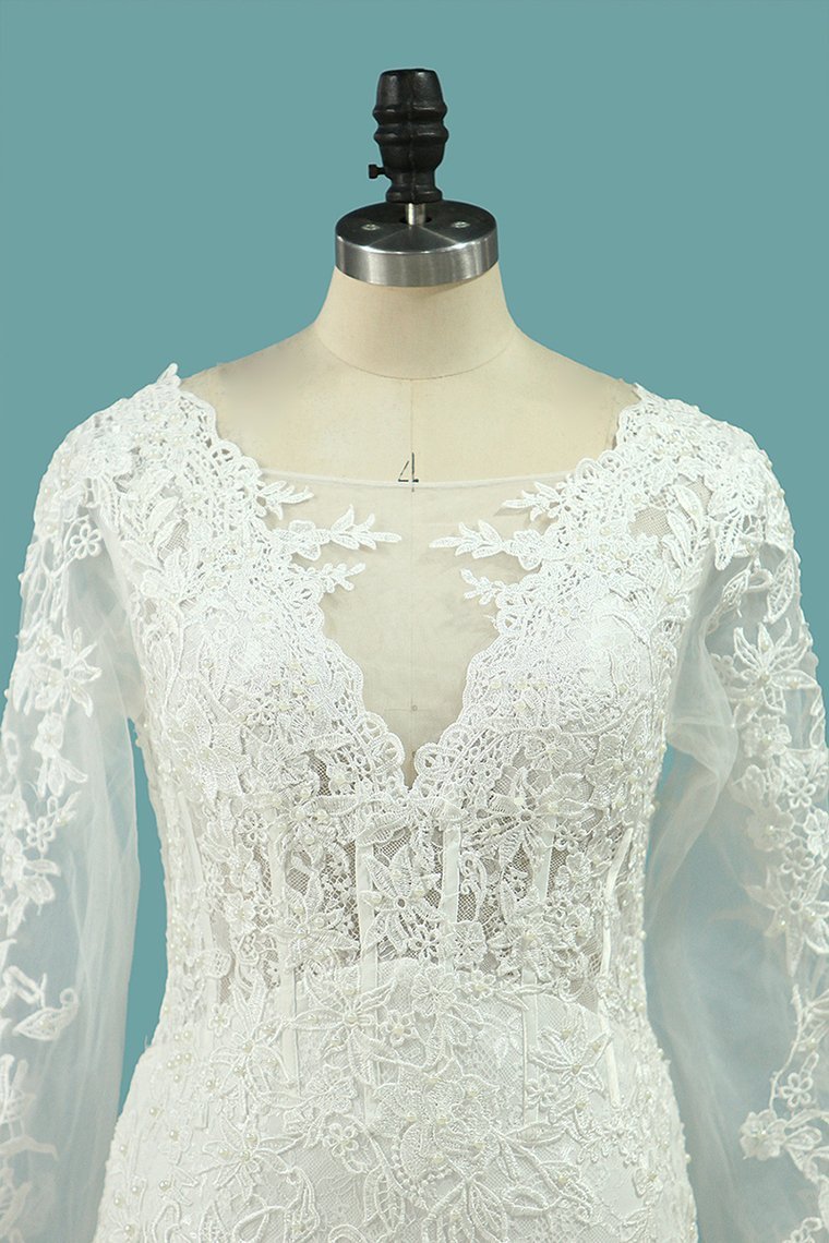 BMbridal Elegant Square Tulle Lace Wedding Dress Mermaid Long Sleeves Appliques Bridal Gowns On Sale-BMbridal