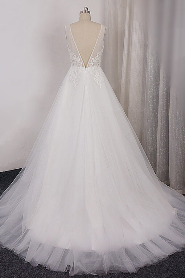 BMbridal Glamorous V-neck Straps Sleeveless Wedding Dress Appliques Tulle A-line Bridal Gowns On Sale-BMbridal