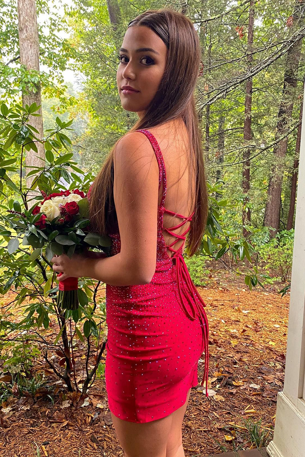 Sparkly Red Spaghetti Straps Beaded Tight Short Homecoming Dress-BMbridal