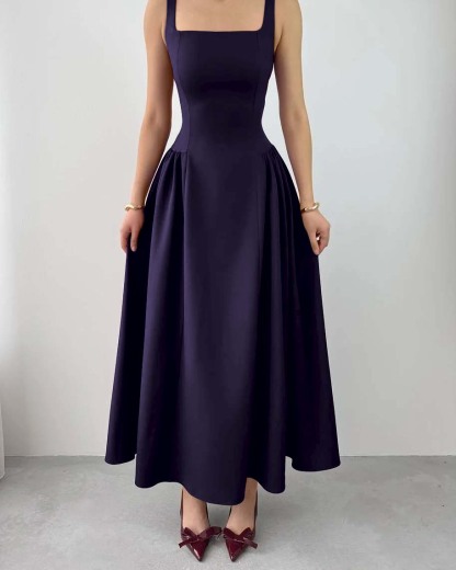 Sleeveless Square Neck Straps Tea Length Prom Dress With Pleated