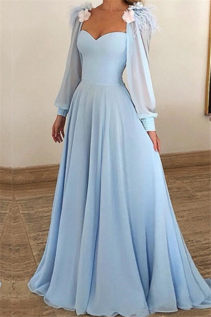 Bmbridal Sky Blue Long Sleeves Prom Dress Long Chiffon Sweetheart