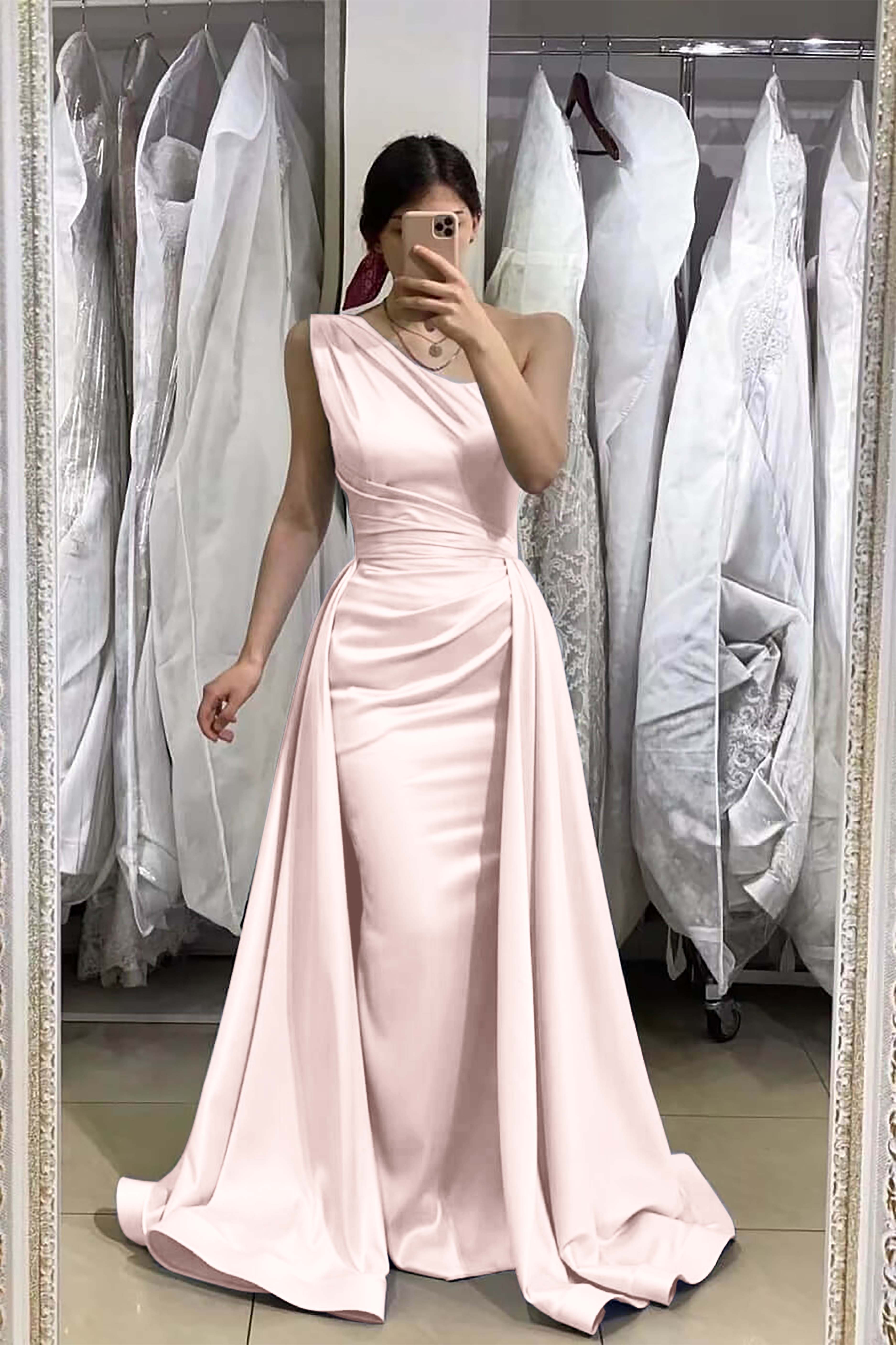 Light Blue Sleeveless Mermaid One Shoulder Long Prom Dress With Detachable Skirt