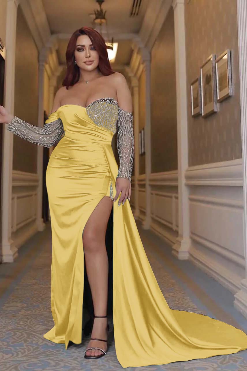 Sexy Emerald Green Off the Shoulder Long Sleeves Mermaid Prom Dress With Beading Split