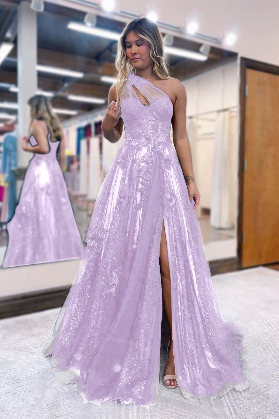 Black One Shoulder A Line Prom Dress Side Split Tulle With Appliques