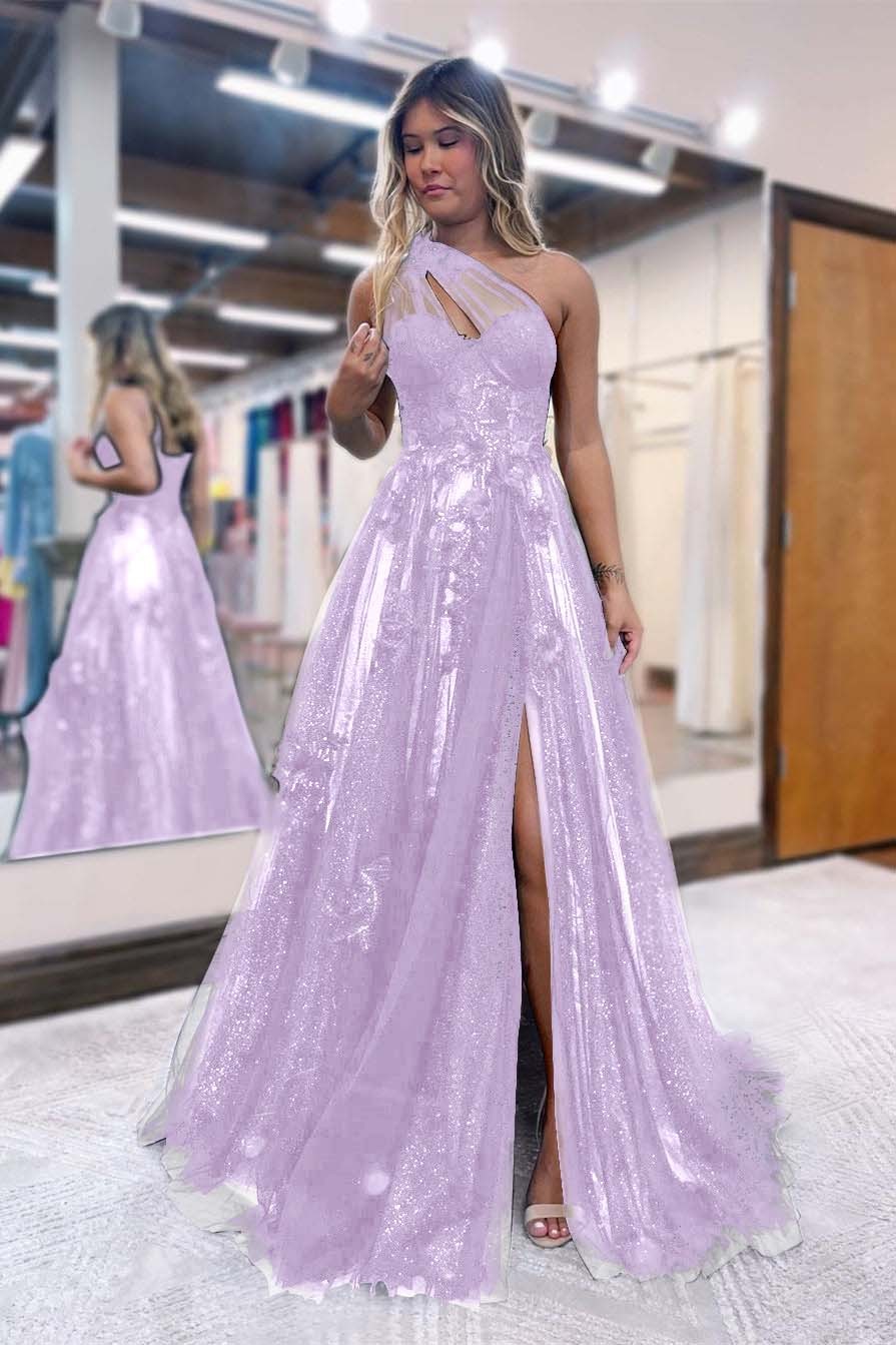 Black One Shoulder A Line Prom Dress Side Split Tulle With Appliques