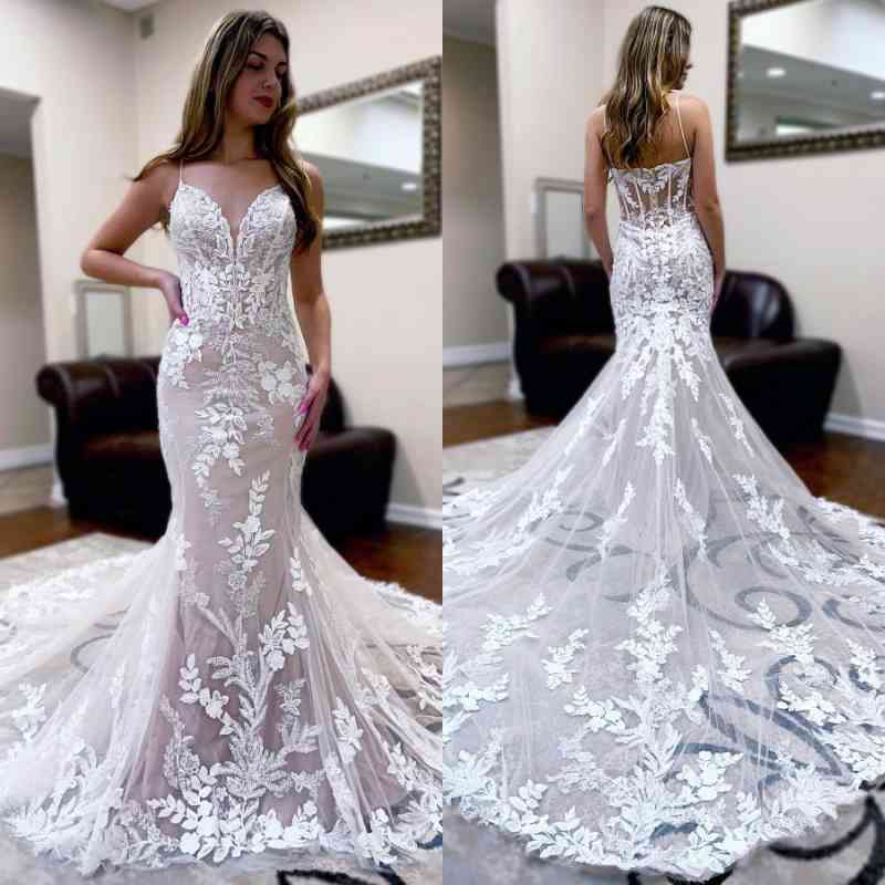 Bmbridal Mermaid Lace Wedding Dress Sleeveless With Appliques-BMbridal