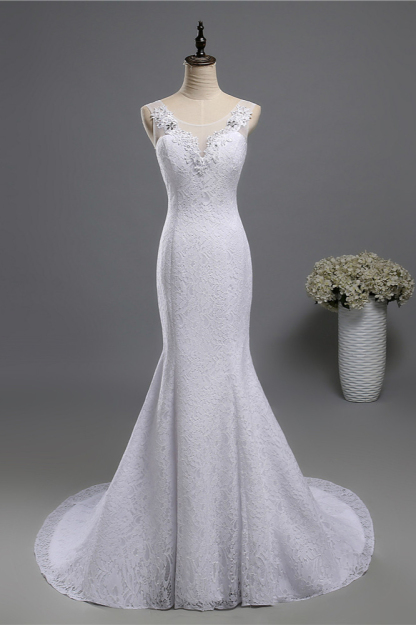 BMbridal Affordable Jewel Lace Sequins Mermaid Wedding Dress Sleeveless Appliques Bridal Gowns with Crystals-BMbridal