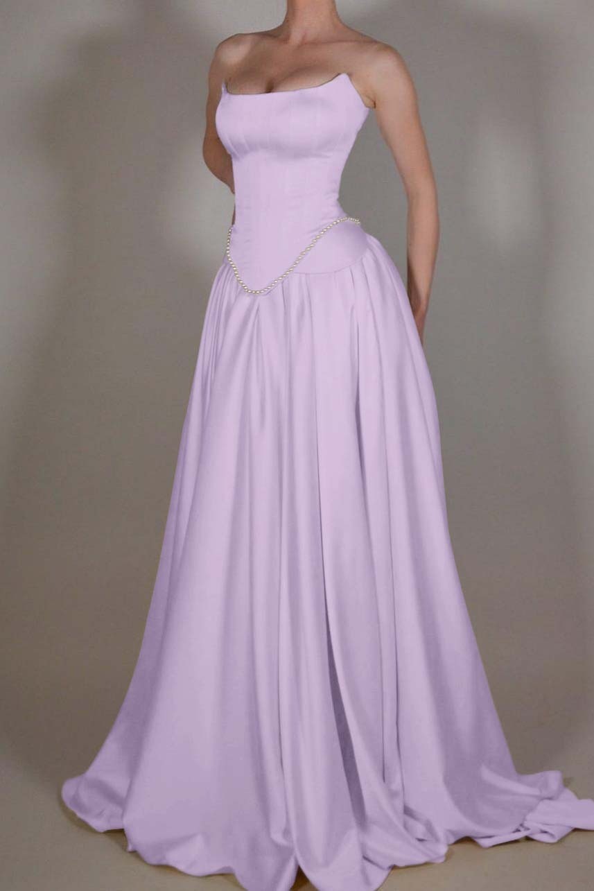 Strapless Sleeveless Long A Line Prom Dress With Pleated Beading
