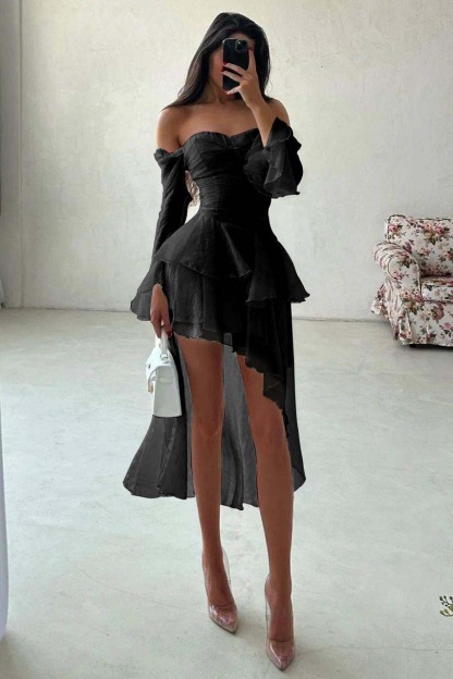 Strapless Long Sleeves Off the Shoulder Short Prom Dress With Ruffles