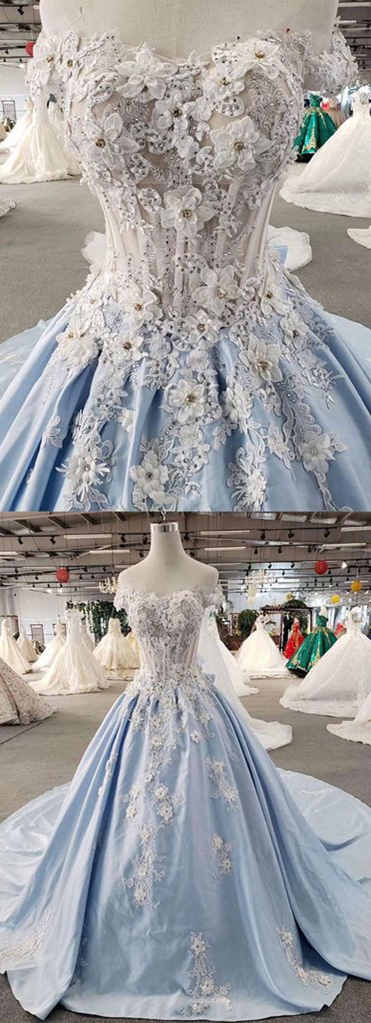BMbridal AffordableLight Blue Satin Sweep Train Wedding Dress Off Shoulder Sleeveless Bridal Gowns On Sale-BMbridal