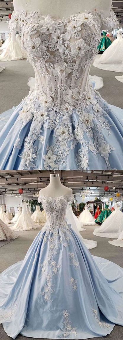 BMbridal AffordableLight Blue Satin Sweep Train Wedding Dress Off Shoulder Sleeveless Bridal Gowns On Sale-BMbridal