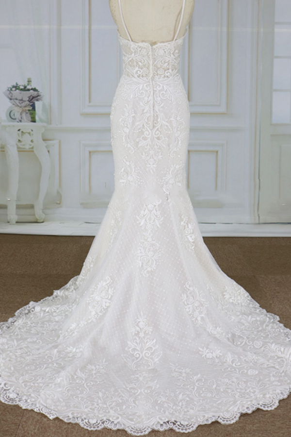 BMbridal Elegant Spaghetti Straps Sleeveless Mermaid Wedding Dresses Appliques Lace White Bridal Gowns On Sale-BMbridal