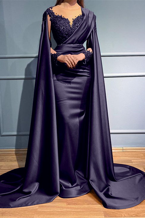 Rust Long Sleeves Beads Appliques Mermaid Long Evening Dress With Ruffles